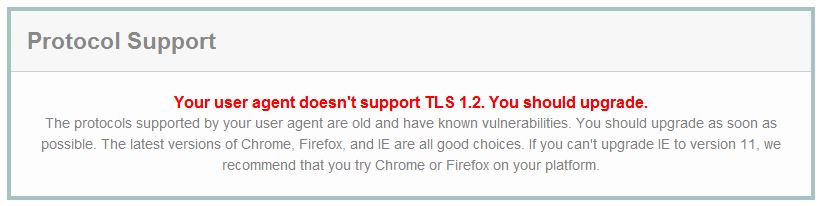 Your user agent doesn't support TLS 1.2. You should upgrade